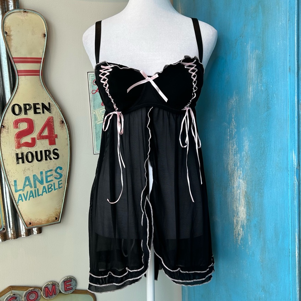 Love Affair Black Mesh Babydoll Flyaway Pink Ribbon Ballet Lingerie Top
